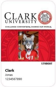 OneCard ID featuring the Clark University logo, a picture of athletics' cougar mascot, and the name Jonas Clark.