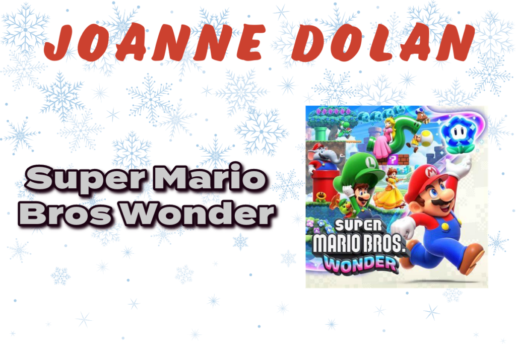 Picture of Mario Brother characters on a background decorated with snowflakes