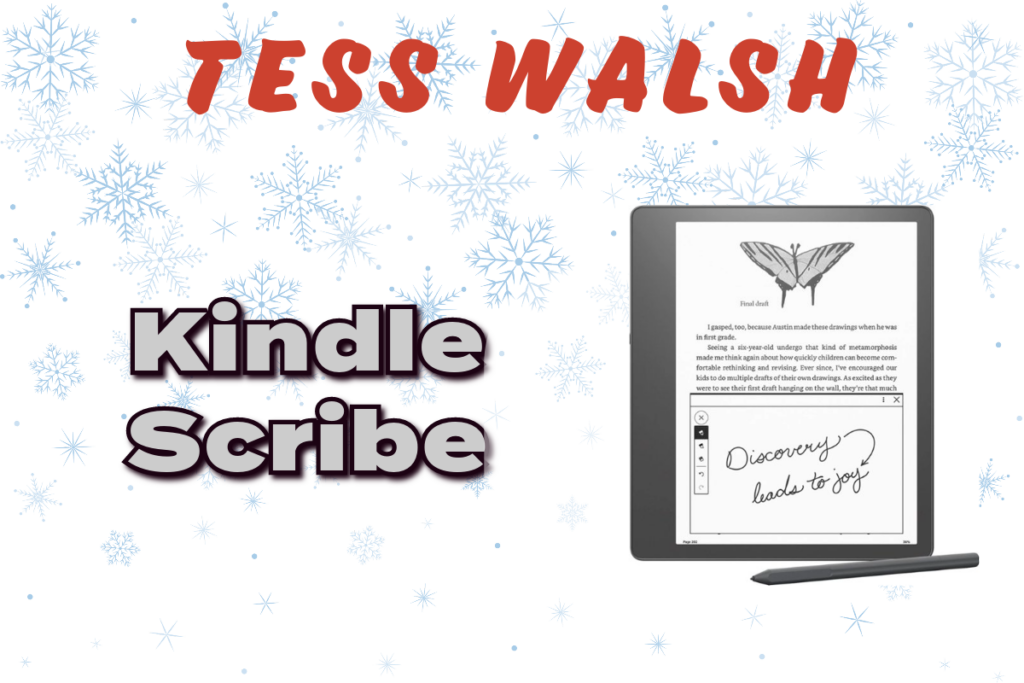 Picture of Kindle Scribe on a background of blue snowflakes
