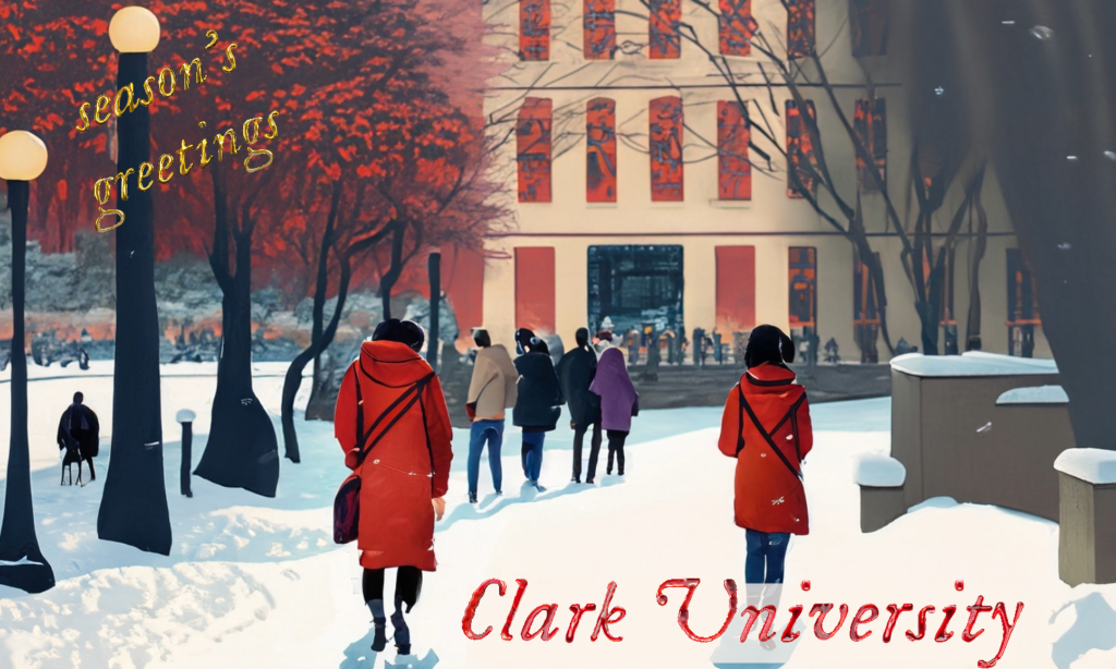 AI generated cartoon image of students wearing red walking across a college campus in the wintertime
