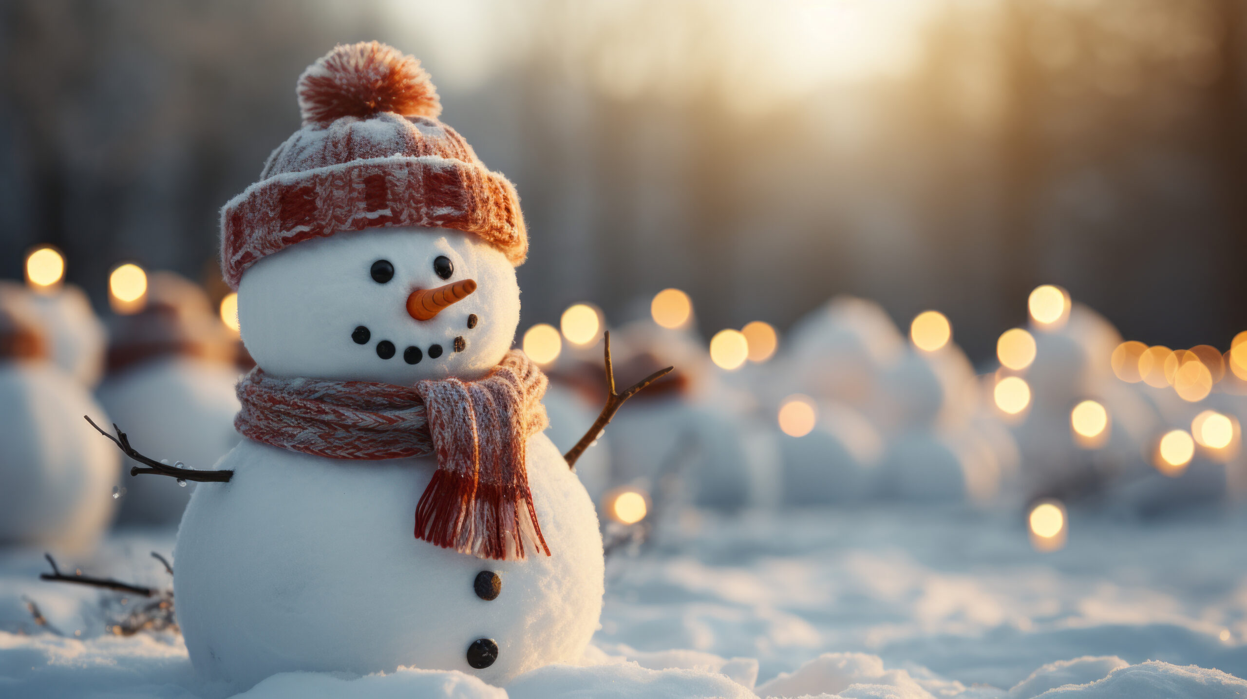 Small snowman wearing a red hat and scarf. In the background, snow and twinkle lights