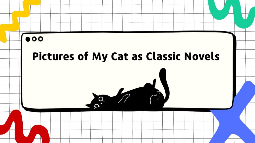 Cartoon cat lounging underneath title