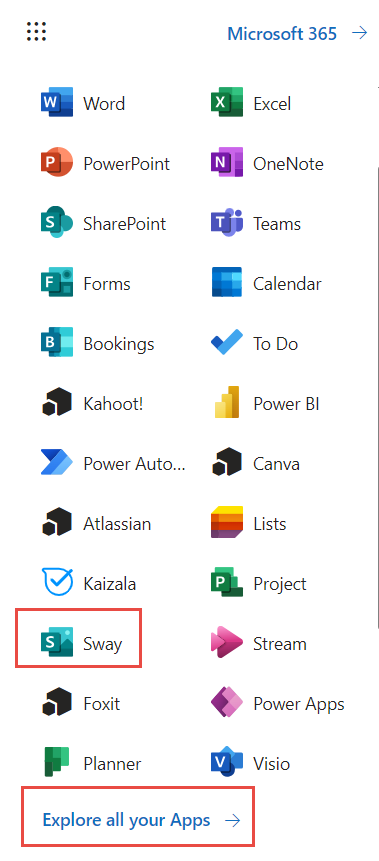 Screenshot of Microsoft 365 apps pane