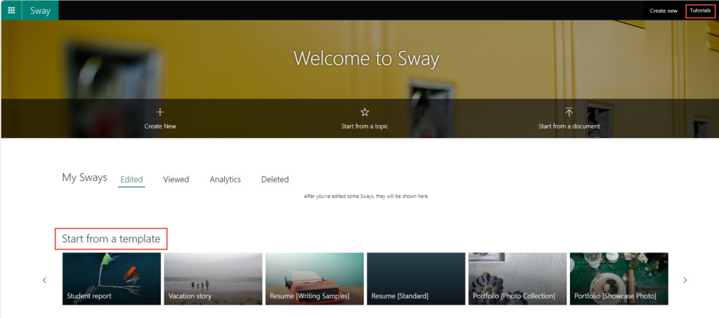 Screenshot of Microsoft Sway homepage in internet browser