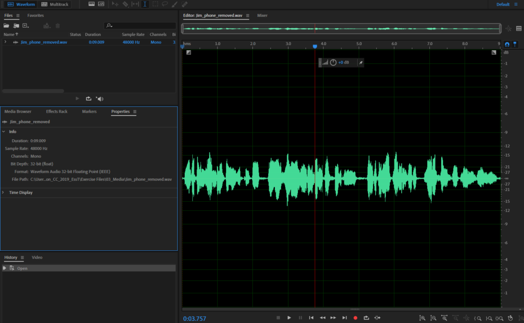 Screenshot of Adobe Audition software, with audio waves shown in green
