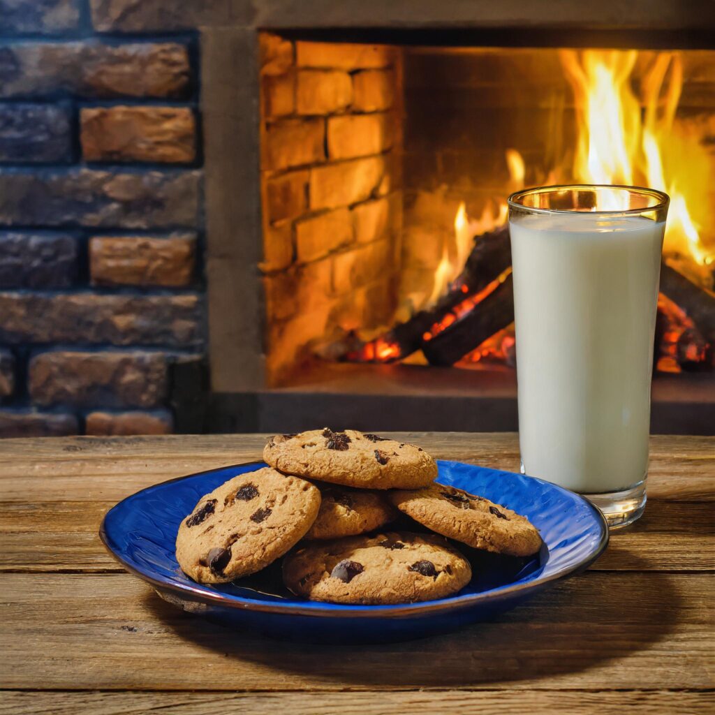 AI generated image of a blue plate of chocolate chip cookies and a frosty glass of milk on a wooden table with a roaring fire in the background