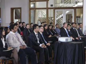 Graduate students listen to the American Airlines Representative