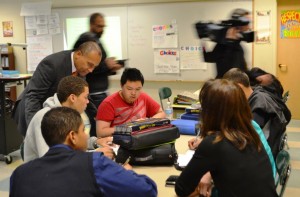 Gov. Deval Patrick visits with students at the Claremont Academy, where he announced $225,000 in Innovation Schools Fellowship funding, May 9.