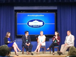 Participants in the White House "Working Fathers" panel included Brigid Schulte, author of Overwhelmed, and a Washington post writer; Kipp Jarecke-Cheng (working father); Kathy Edin (sociologist; Harvard & Johns Hopkins); Clark Professor Abbie Goldberg; and Kyle Pruett (psychiatrist; Yale).