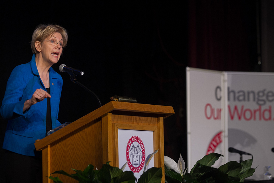 U.S. Senator Elizabeth Warren addresses the crowd as she gives the Lee Gurel '48 Lecture at Clark. / Photo: Matthew Healey