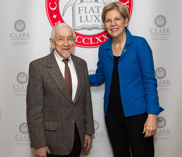 U.S. Senator Elizabeth Warren poses for a photo with Lee Gurel '48, prior to the Senator giving the 2016 Gurel Lecture. / Photo: Matthew Healey 